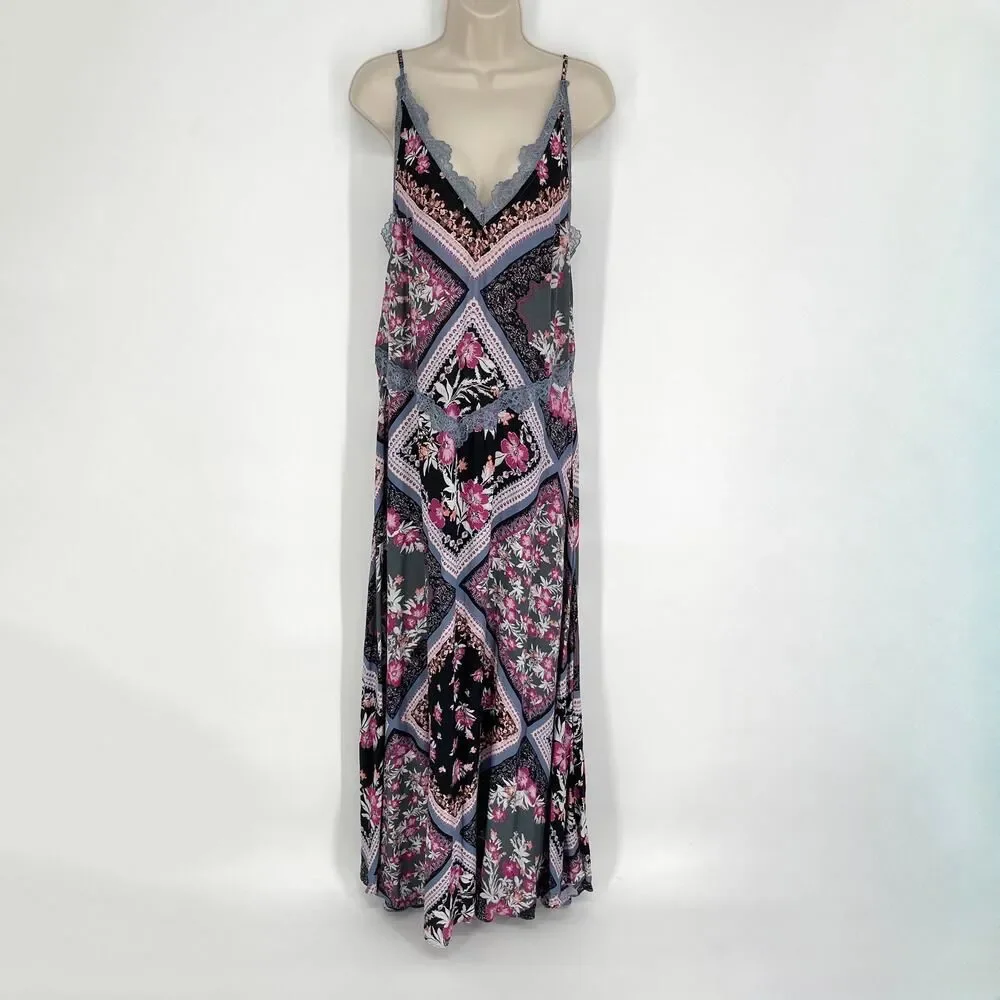 Intimately Free People NEW Stevie Printed Maxi Slip Dress Sz M Lace Graphite